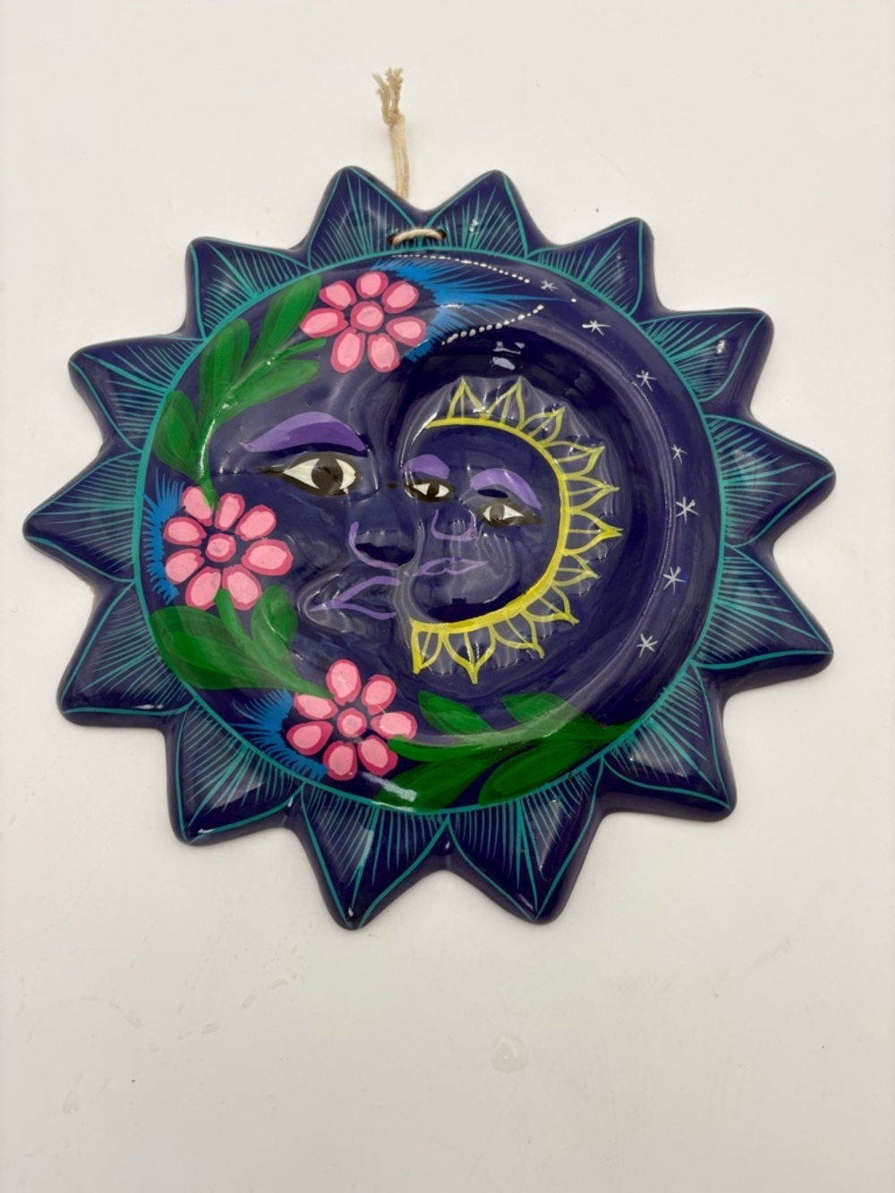 Hand-Painted Terracotta Sun & Moon Wall Plaque - Deep Blue with Pink Flowers